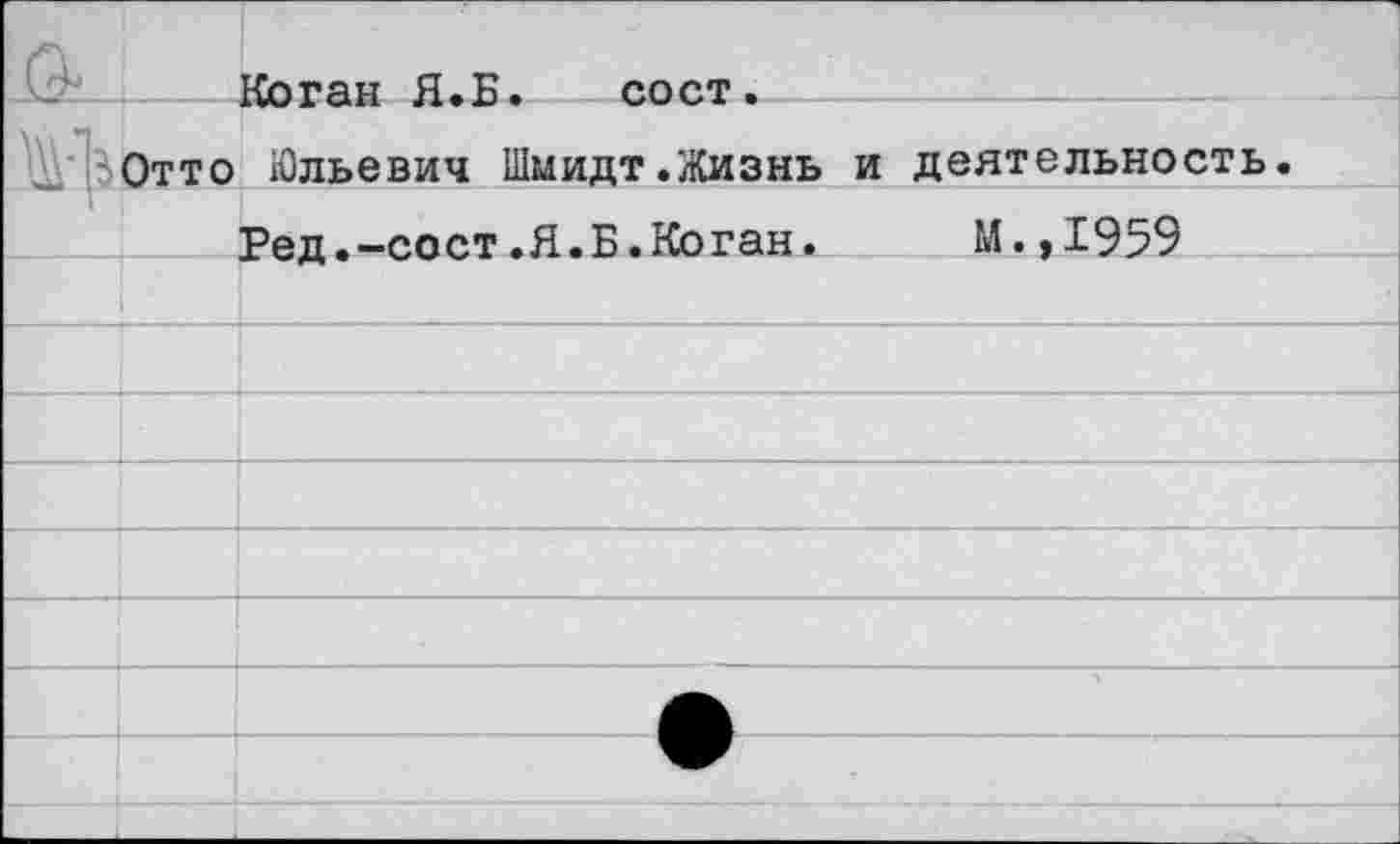 ﻿о**		Коган Я.Б.	сост.
	Отто	Юльевич Шмидт.Жизнь и деятельность. Ред.-сост.Я.Б.Коган.	И.,1959
		
		
		
		
		
		
		
		
		